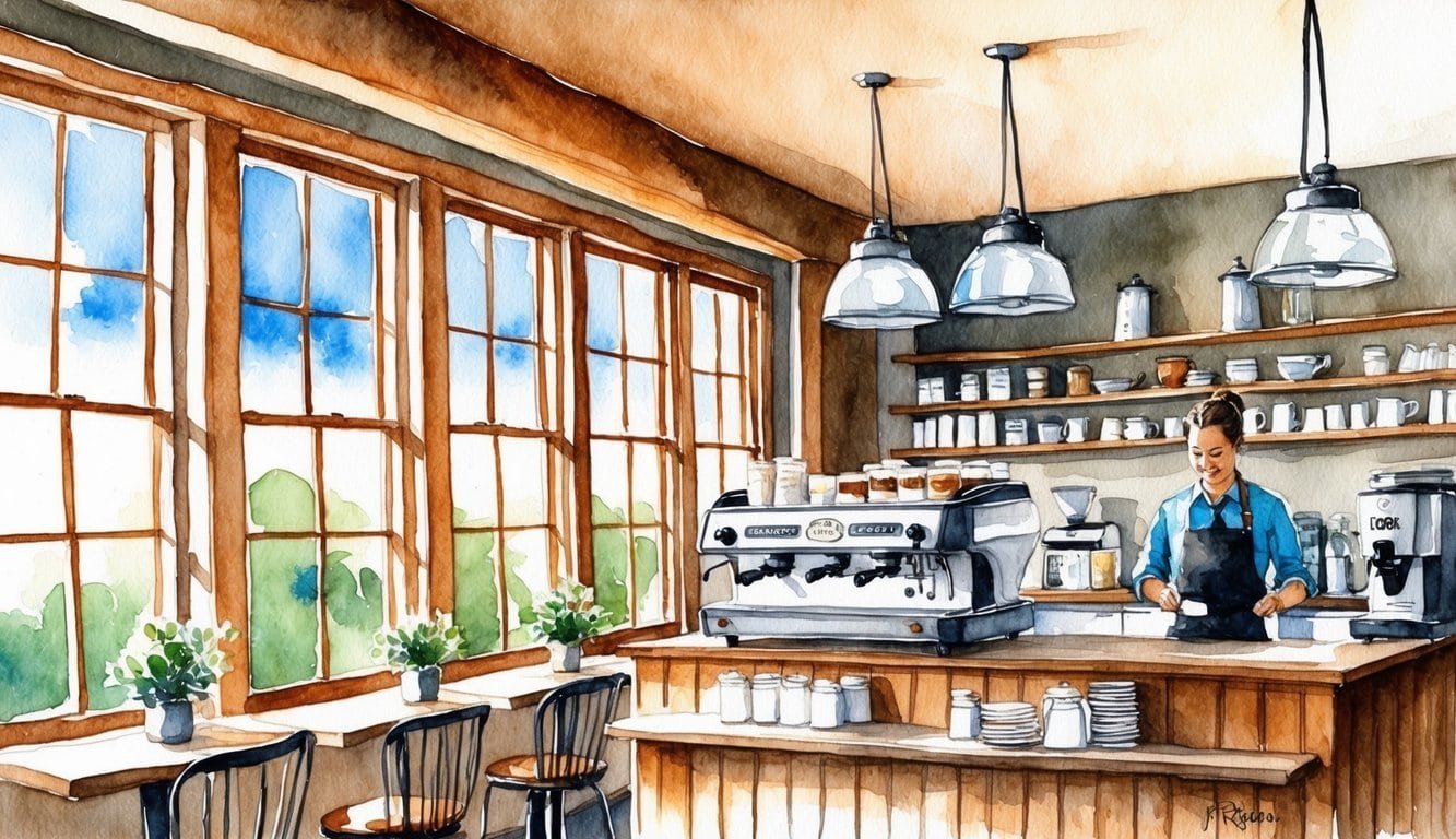 A cozy coffee shop in Bend, Oregon with rustic decor, large windows, and a barista brewing fresh coffee behind the counter