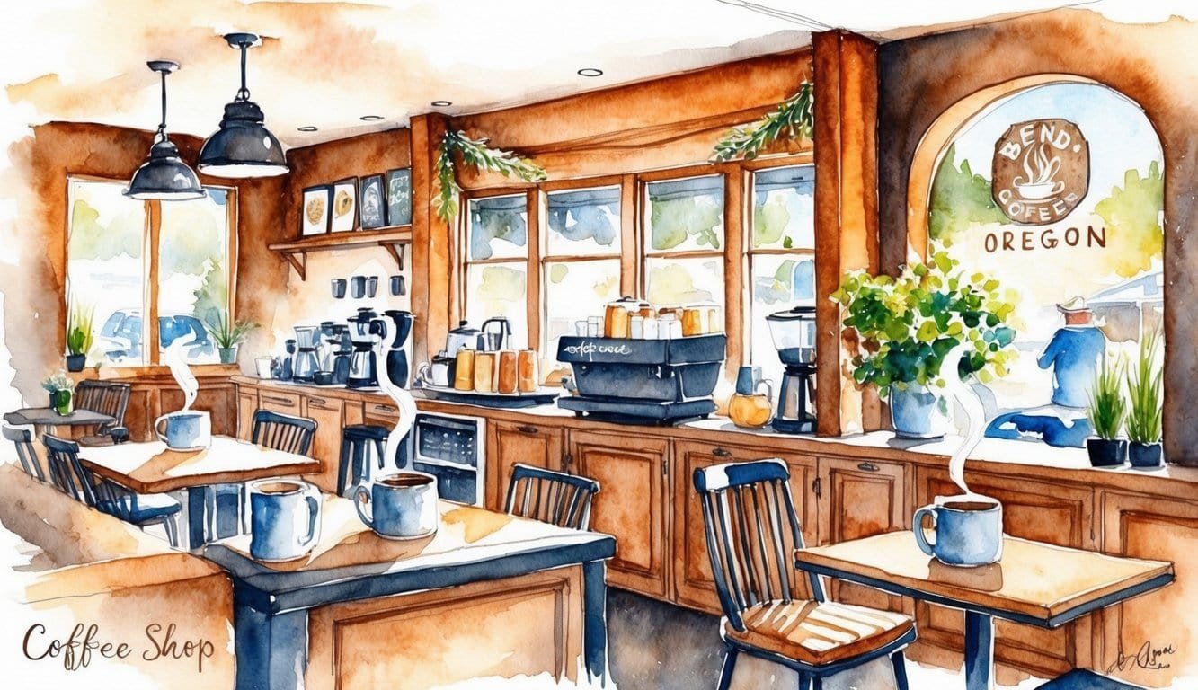 A cozy coffee shop in Bend, Oregon with rustic decor, steaming mugs, and a bustling atmosphere