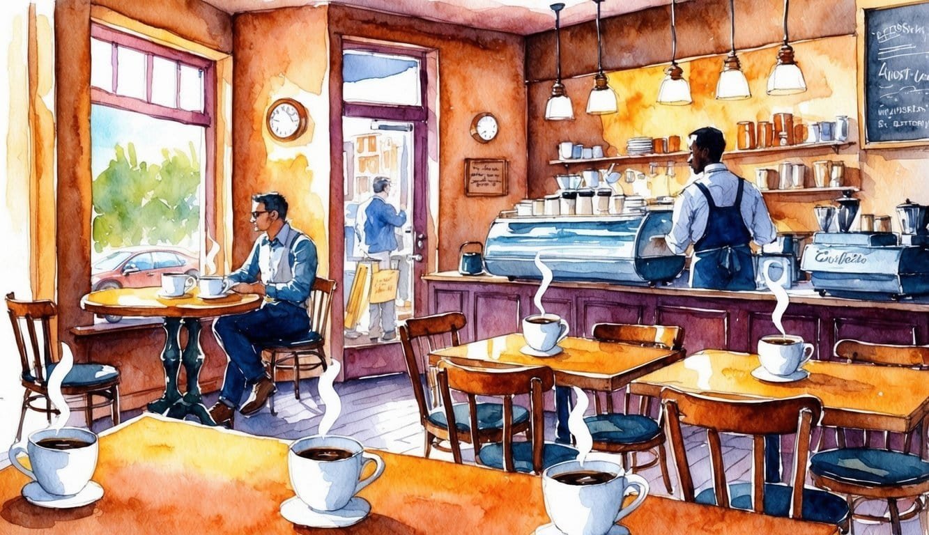 A cozy coffee shop with warm lighting, wooden furniture, and steaming mugs on every table. A barista chats with a regular while jazz music plays in the background