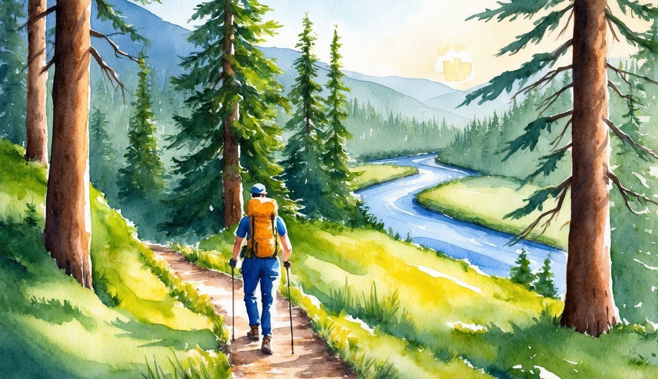 A hiker traversing a lush forest trail, with towering pine trees and a winding river in the background. The sun casts a warm glow over the serene landscape