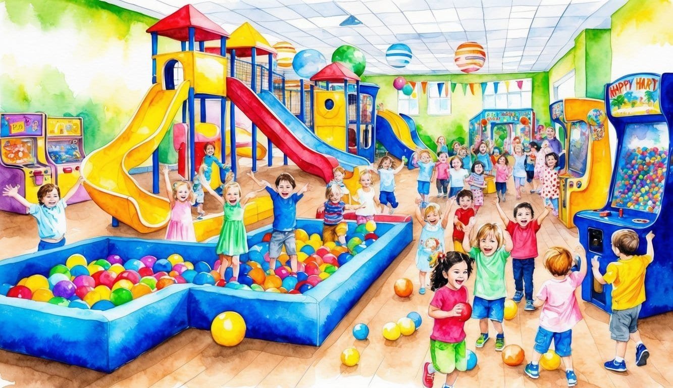 A colorful, bustling indoor play center with slides, ball pits, and arcade games filled with joyful children celebrating a birthday party