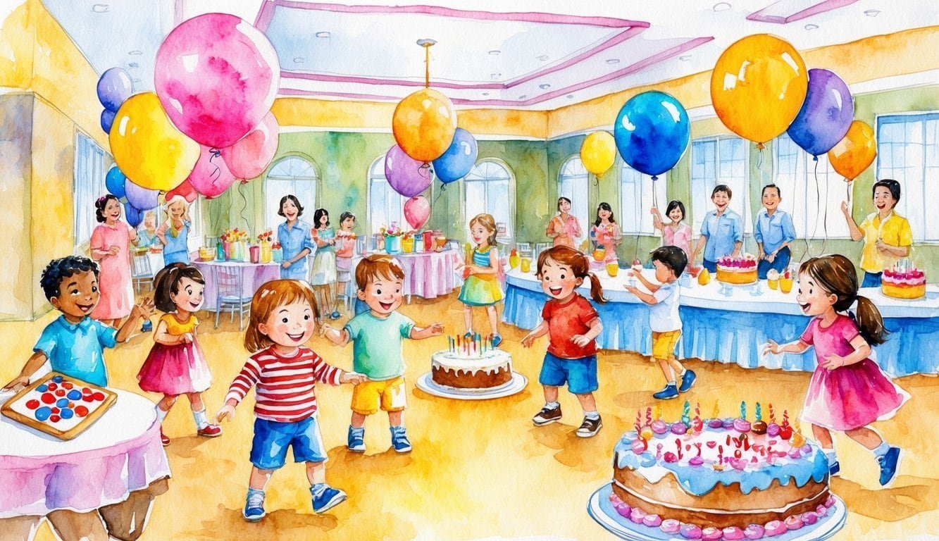 Children playing in colorful party venues with balloons, cake, and games. Excited parents watch as staff organize the festivities