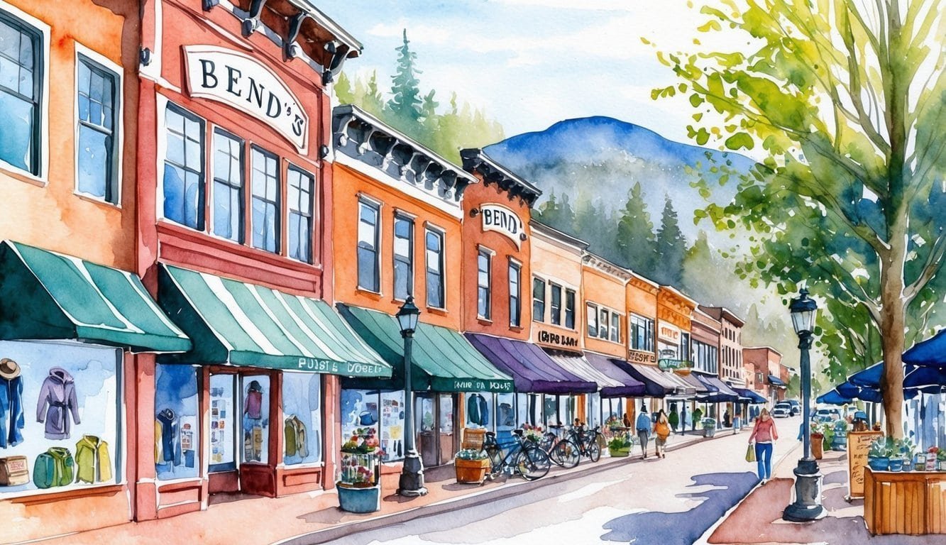 Bend's bustling shopping district features a mix of charming boutiques, outdoor gear shops, and local artisan markets