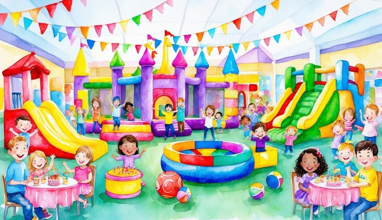 A colorful and vibrant indoor play area filled with bouncing castles, slides, and games, surrounded by happy children and families celebrating a birthday party