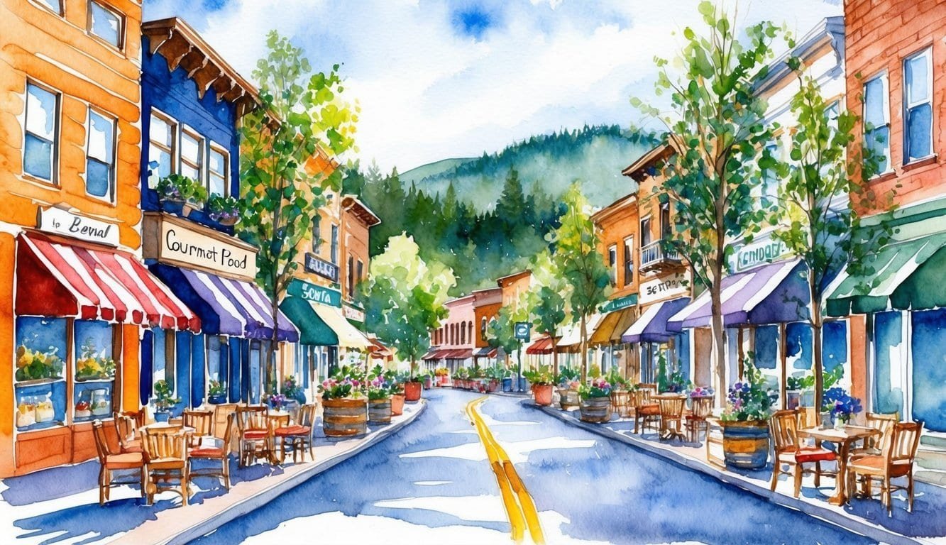 A bustling street lined with charming cafes and gourmet food shops, surrounded by the scenic beauty of Bend, Oregon