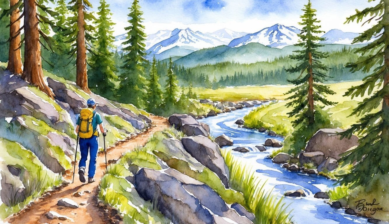 A hiker traversing a rugged trail with towering pine trees, a flowing river, and distant snow-capped mountains near Bend, Oregon