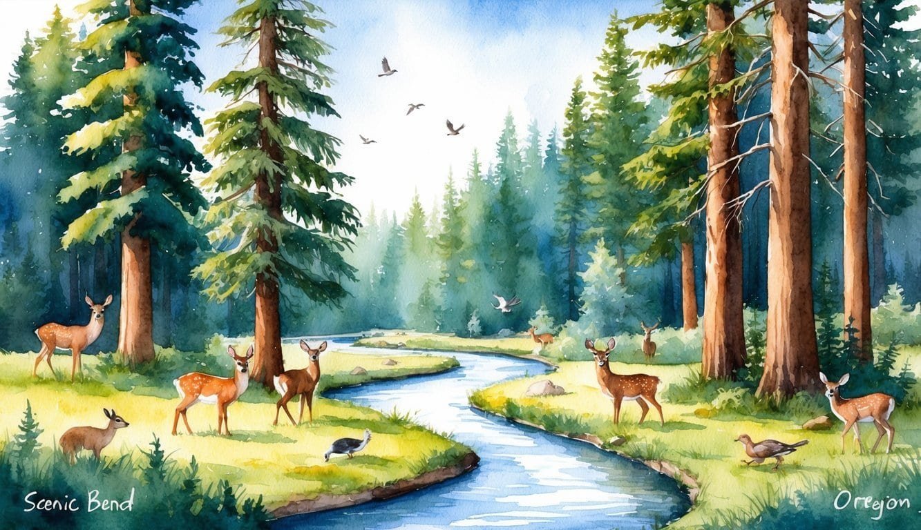 A serene forest with towering pine trees, a winding river, and diverse wildlife, including deer, birds, and small mammals, in the scenic Bend, Oregon area